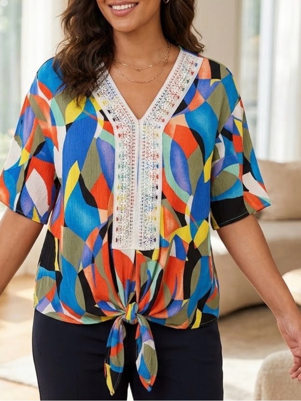 Nina Leonard Graphic Tie Front Blouse in Orange and Blue